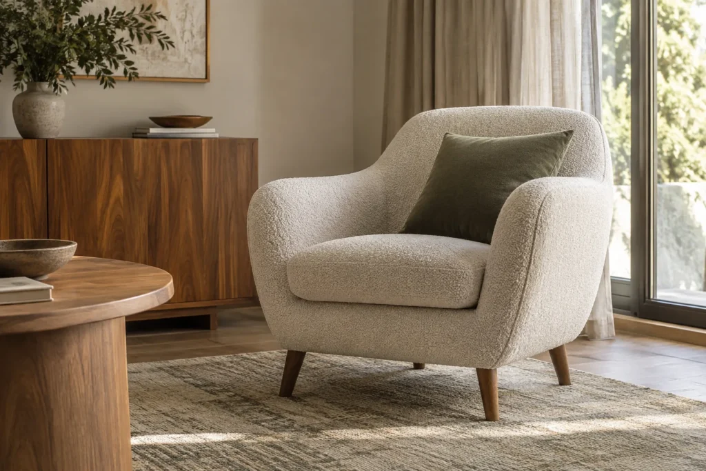 Fauteuil en tissu texturé placé près d’un tapis, de rideaux et d’un meuble en bois dans un salon.