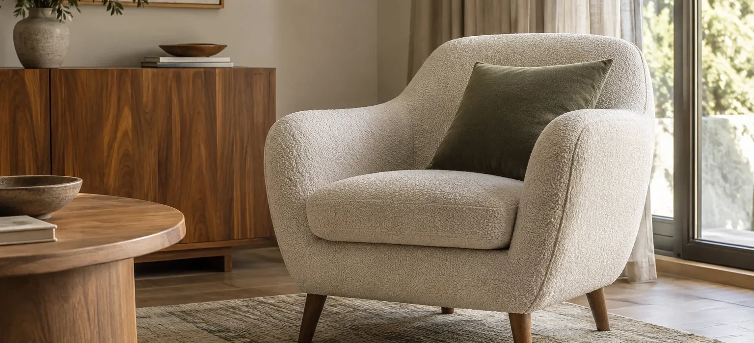 Fauteuil en tissu texturé placé près d’un tapis, de rideaux et d’un meuble en bois dans un salon.