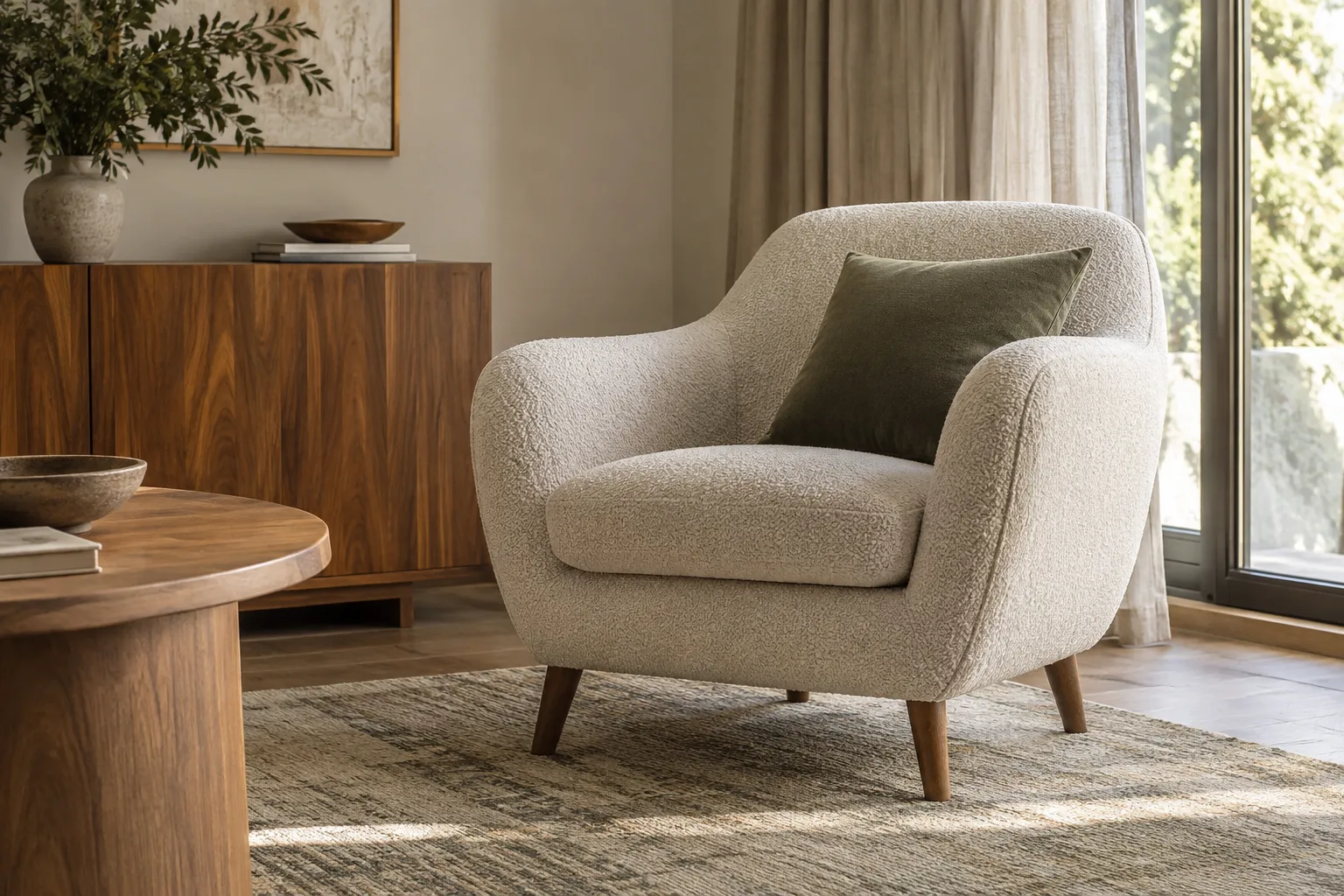 Fauteuil en tissu texturé placé près d’un tapis, de rideaux et d’un meuble en bois dans un salon.