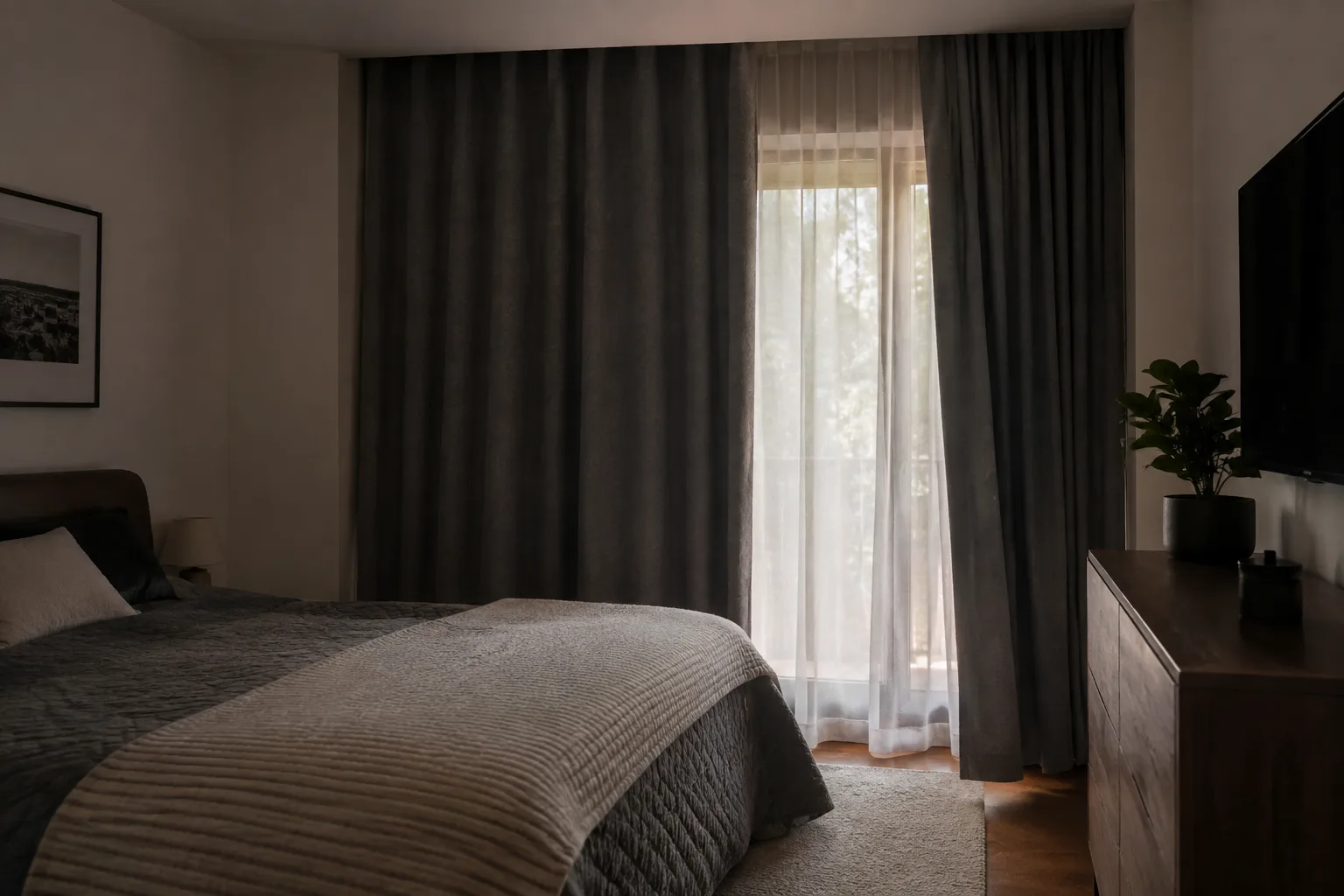 Dans une chambre, un rideau épais couvre une partie de la fenêtre tandis qu’un panneau léger reste ouvert.