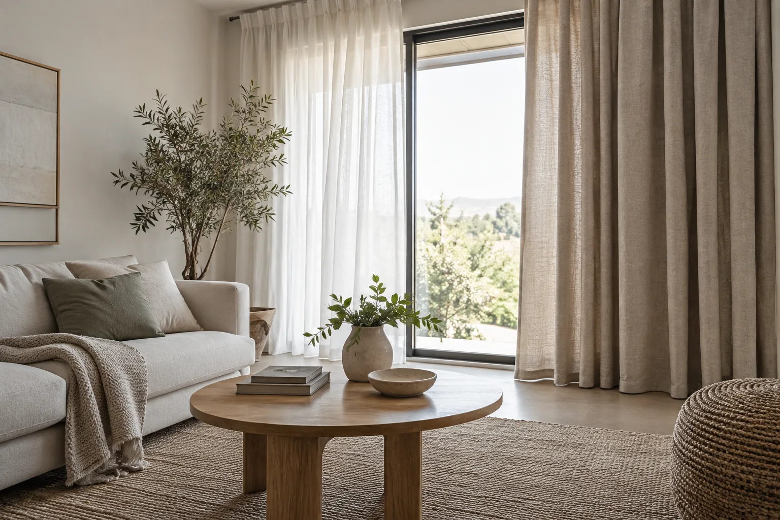 Une fenêtre de salon habillée d’un voilage clair et de rideaux en tissu plus dense.