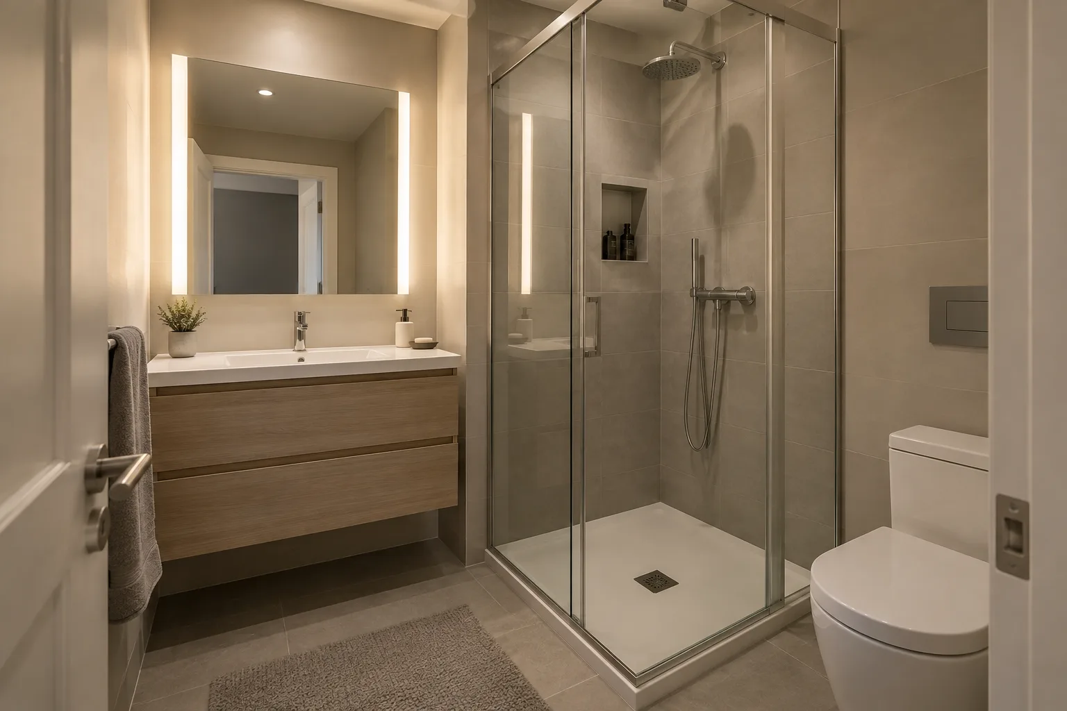 Salle de bains sans fenêtre avec un miroir éclairé de chaque côté et une douche vitrée.