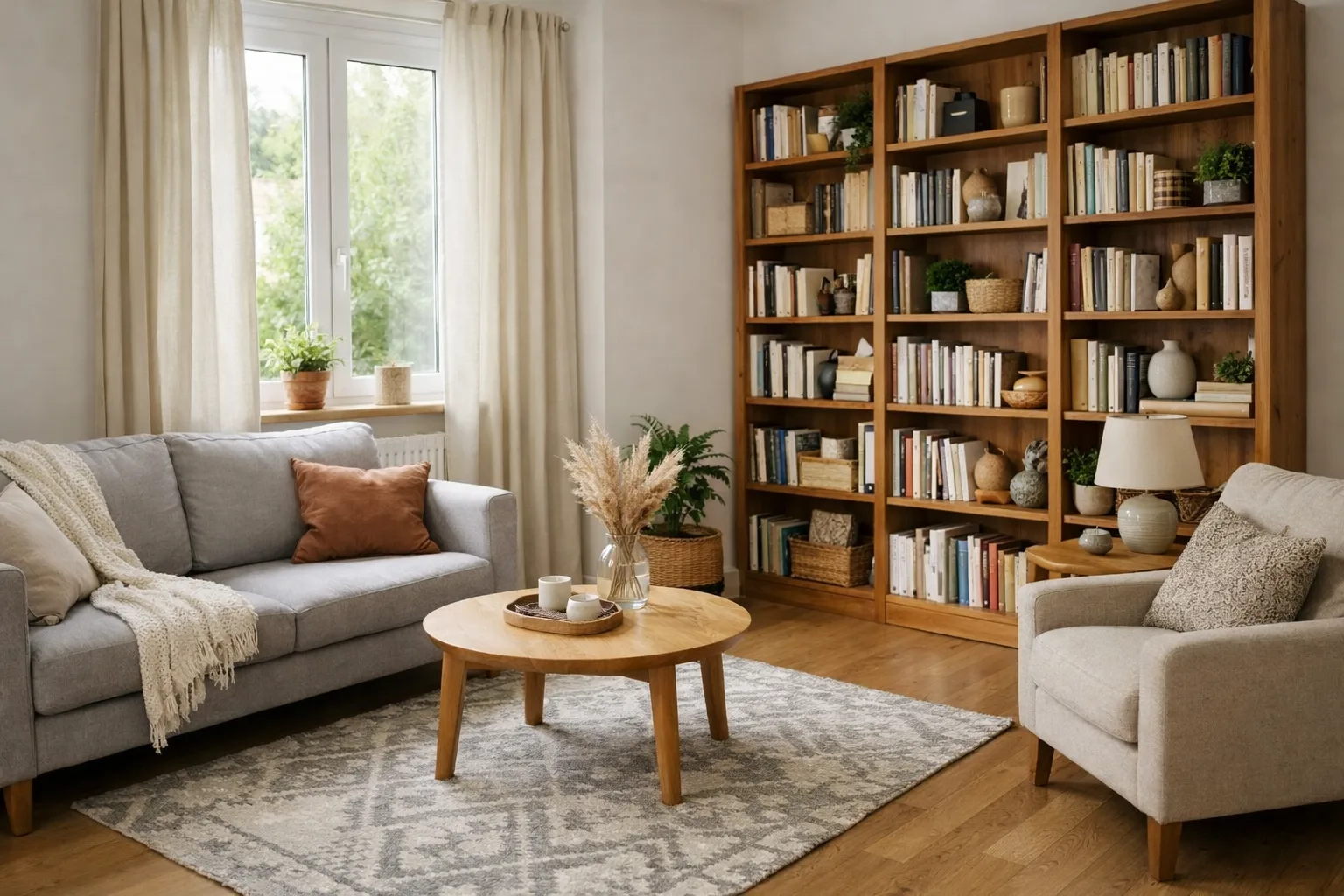 Petit séjour avec canapé sur un tapis, rideaux près de la fenêtre et bibliothèque garnie le long d’un mur.
