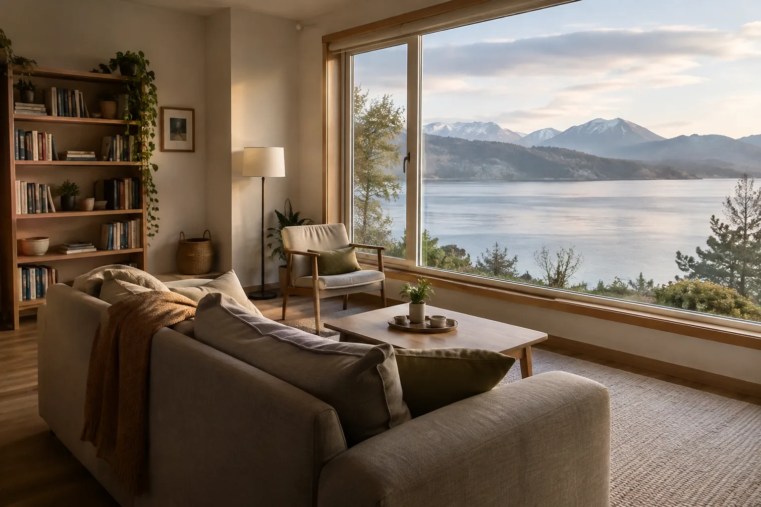 Canapé tourné vers une fenêtre dans un séjour où une bibliothèque sert de repère secondaire.