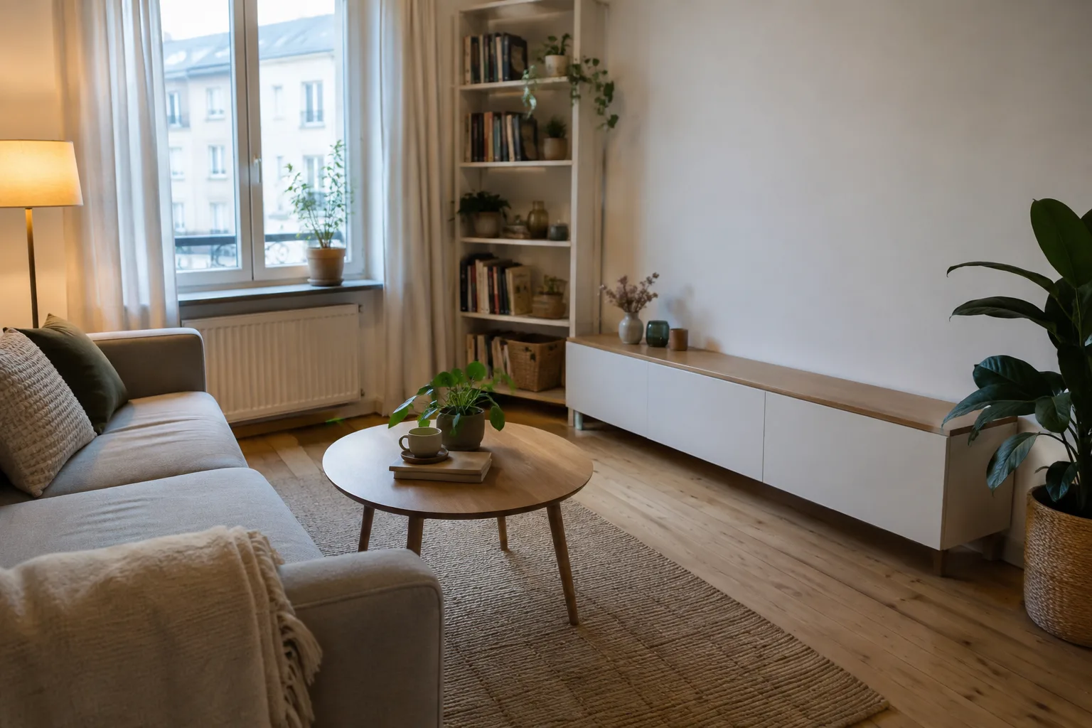 Meuble bas et étagère peu chargée laissant un pan de mur libre dans un petit salon.