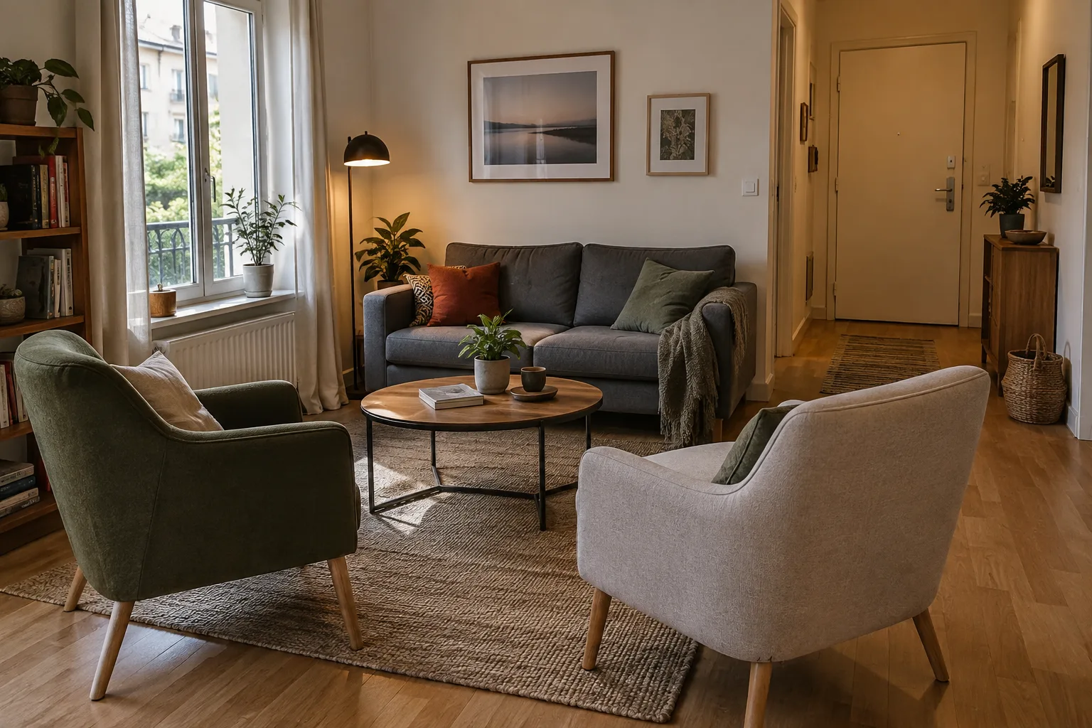 Canapé compact et deux fauteuils disposés en angle autour d’une table basse dans un séjour sans télévision.