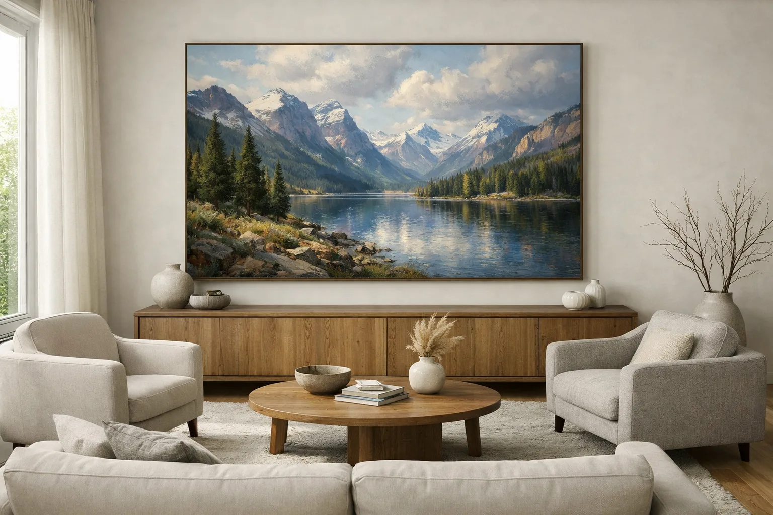 Un tableau au-dessus d’un meuble bas attire le regard face à un canapé et un fauteuil.