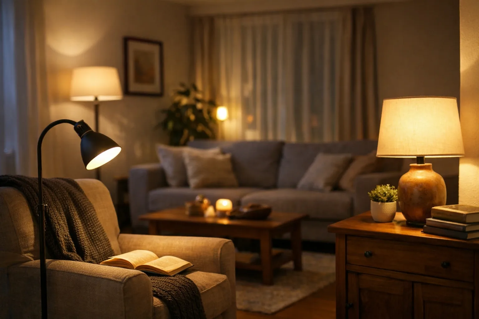 Une lampe de lecture près d’un fauteuil et une lampe posée sur un meuble éclairent différentes zones du salon.
