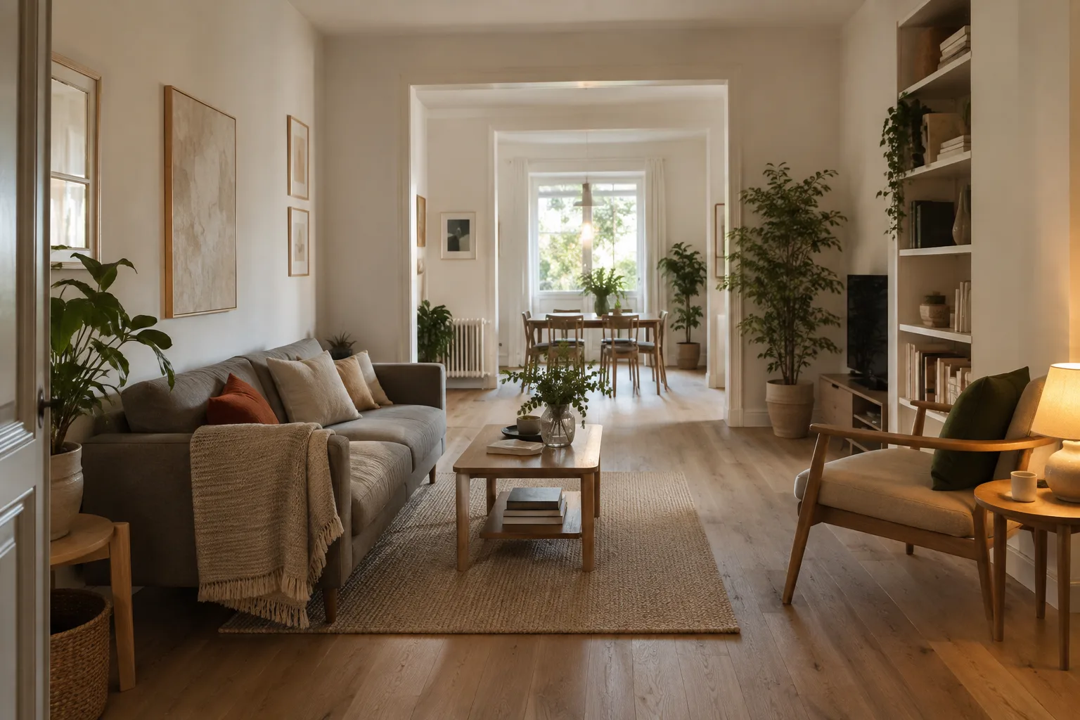Un canapé et un fauteuil disposés sur le côté d’un passage libre reliant deux ouvertures dans un salon.