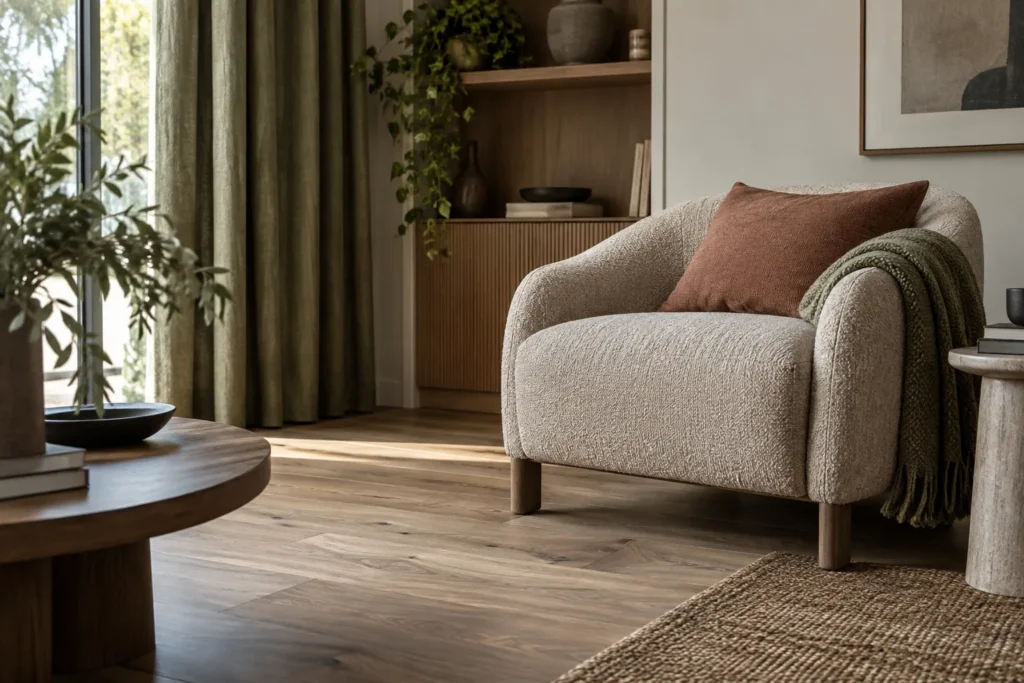 Fauteuil en tissu texturé et rideaux clairs devant un parquet aux veines apparentes.
