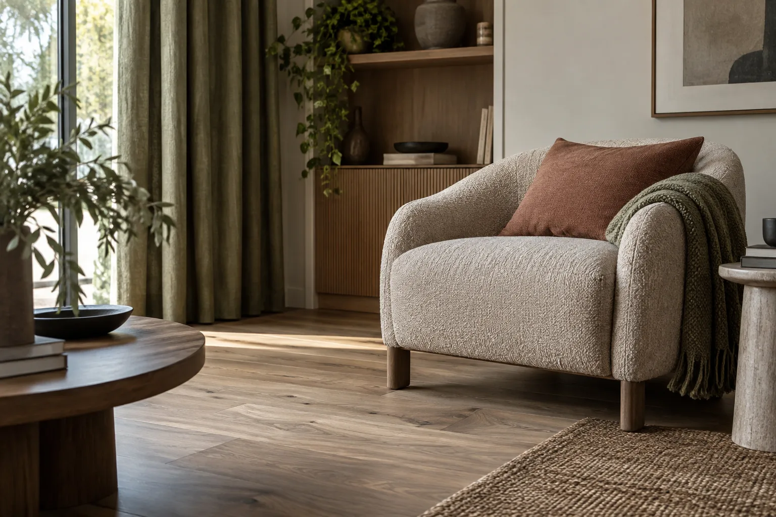 Fauteuil en tissu texturé et rideaux clairs devant un parquet aux veines apparentes.