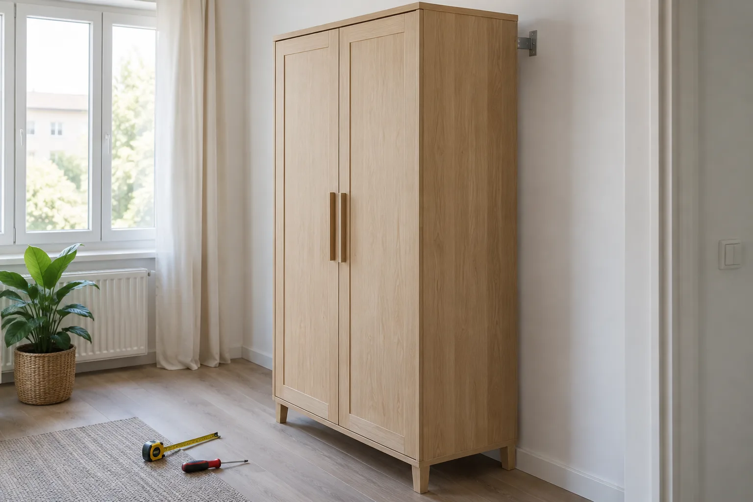 Armoire haute en bois clair placée contre un mur, avec son attache murale visible sur le côté.