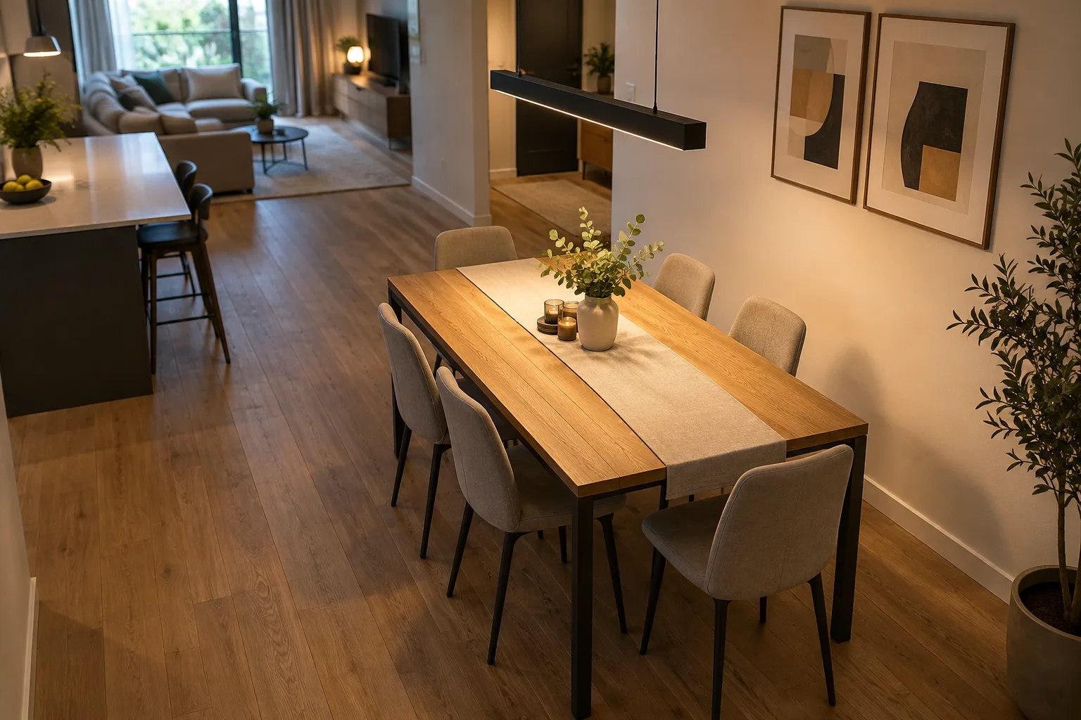 Une suspension est alignée au-dessus d’une table rectangulaire placée près d’un mur.