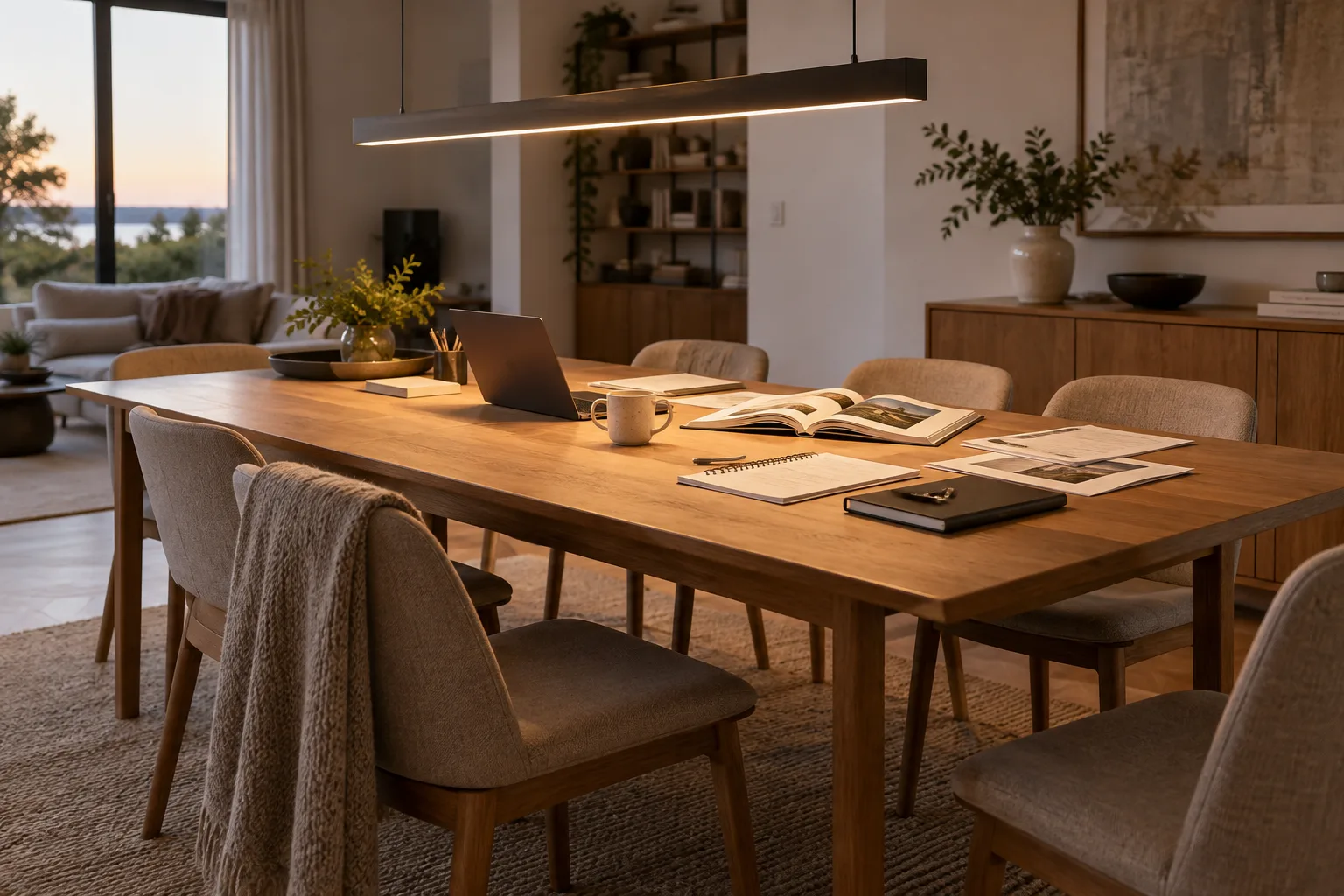 Une table extensible ouverte accueille un livre et des documents sous une suspension allongée.