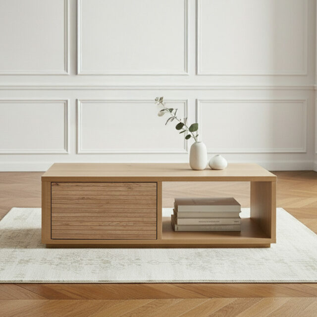 Table basse avec tiroir 100 cm FERRET effet tasseaux de bois BOBOCHIC