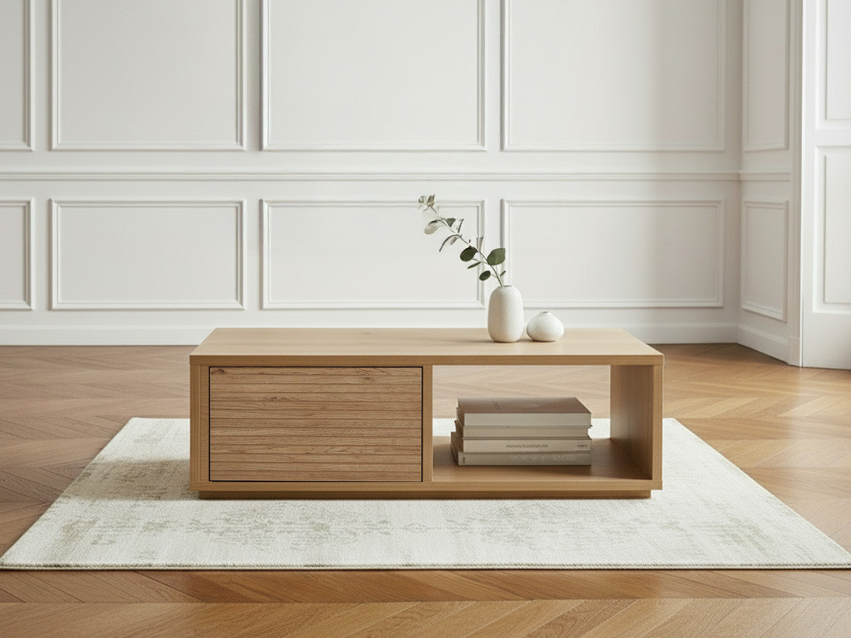 Table basse avec tiroir 100 cm FERRET effet tasseaux de bois BOBOCHIC