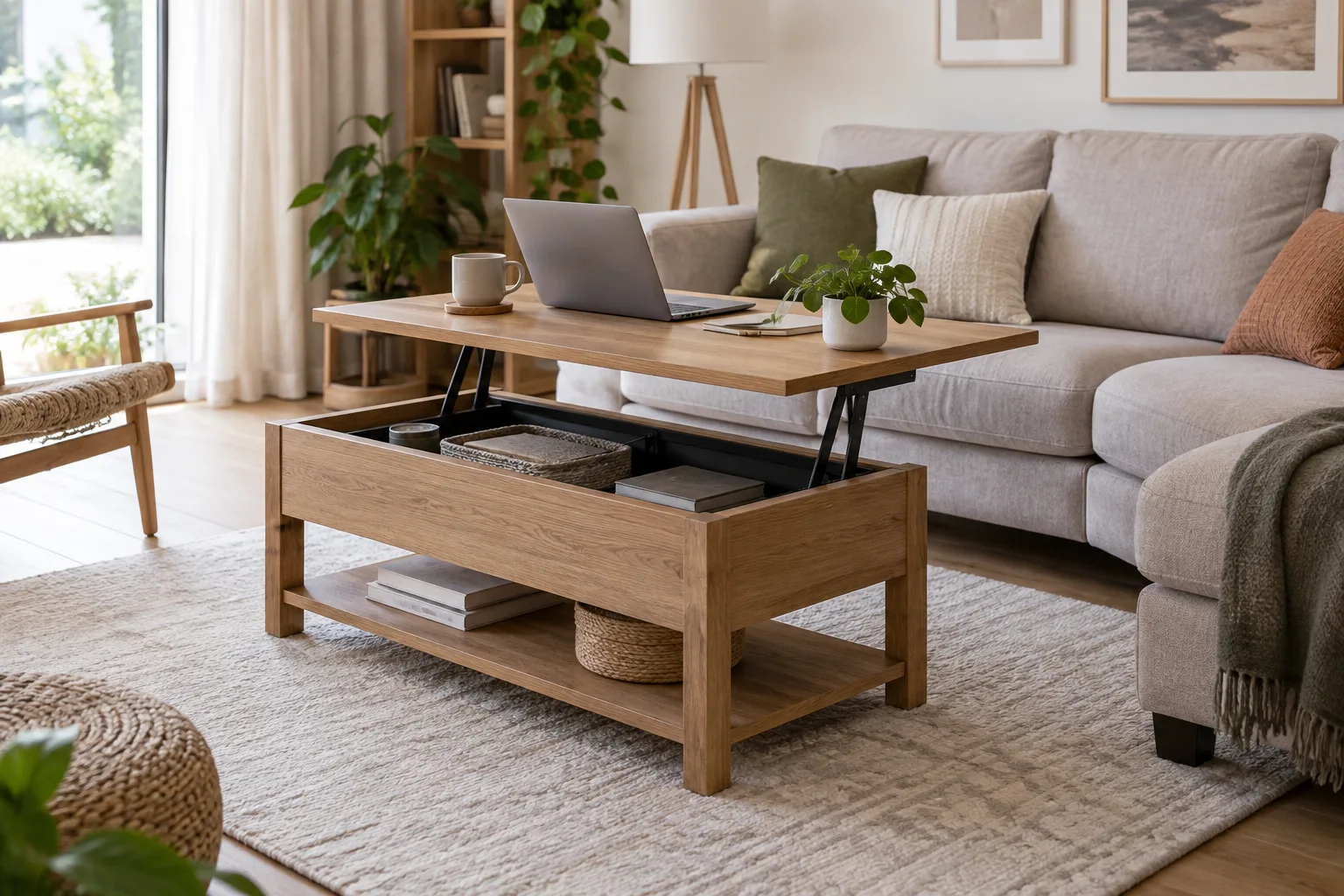 Table basse en bois relevée devant un canapé, avec une tasse et un carnet sur le plateau.
