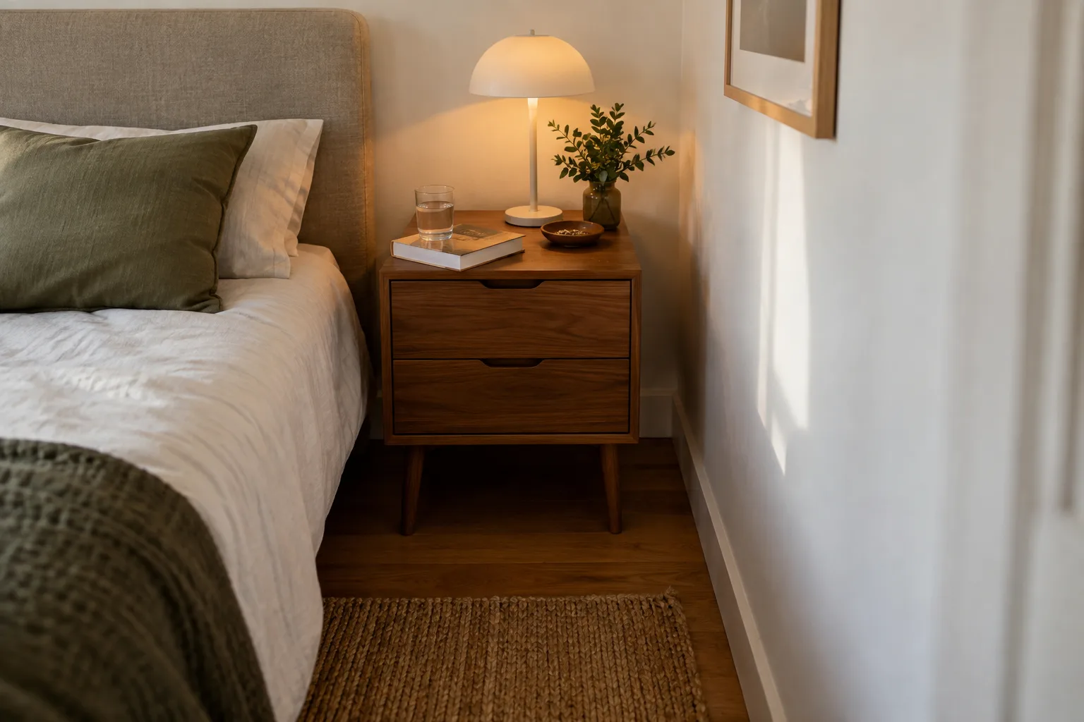 Table de chevet avec un livre, un verre et une lampe, installée près d’un lit avec un passage dégagé.