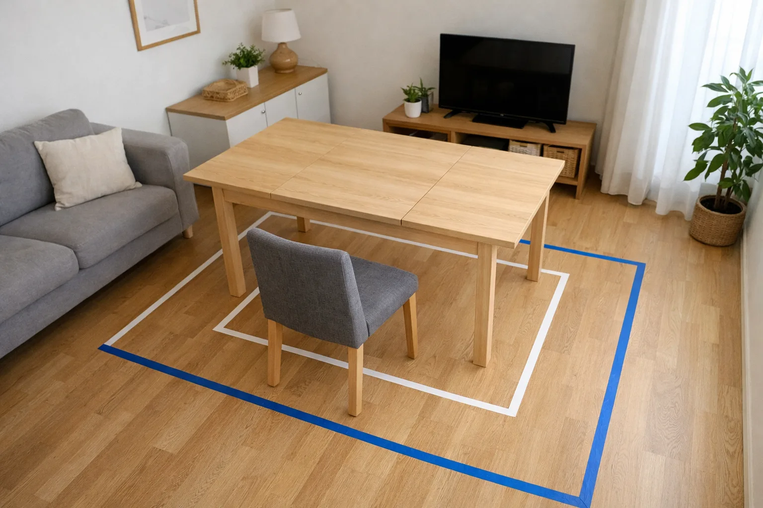 Ruban au sol représentant les positions ouverte et fermée d’une table extensible dans un séjour.
