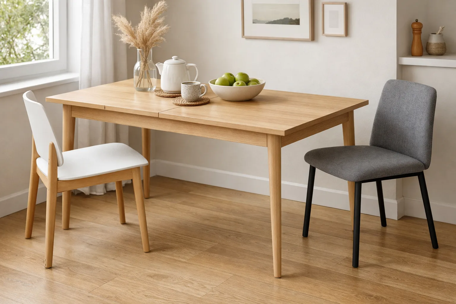 Table extensible en bois clair aux pieds fins dans un coin repas éclairé par une fenêtre.