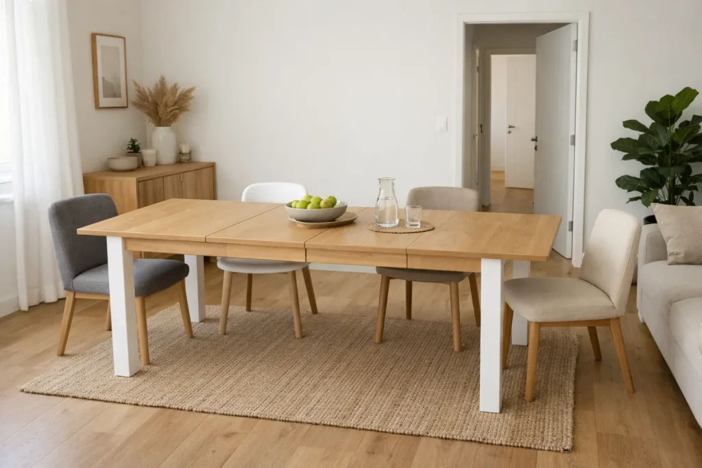 Table extensible ouverte entourée de chaises dans un séjour où le passage vers la porte reste dégagé.