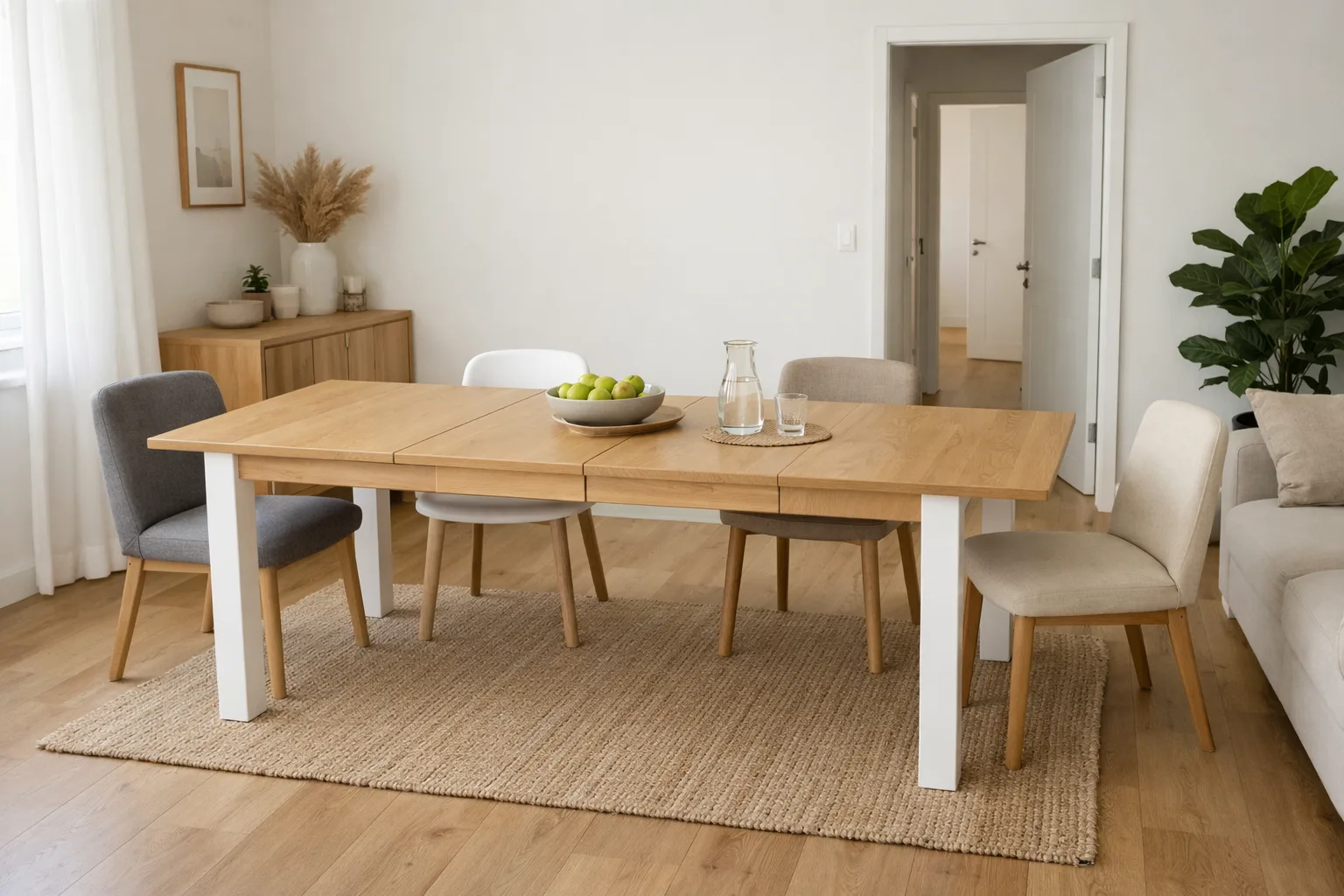 Table extensible ouverte entourée de chaises dans un séjour où le passage vers la porte reste dégagé.