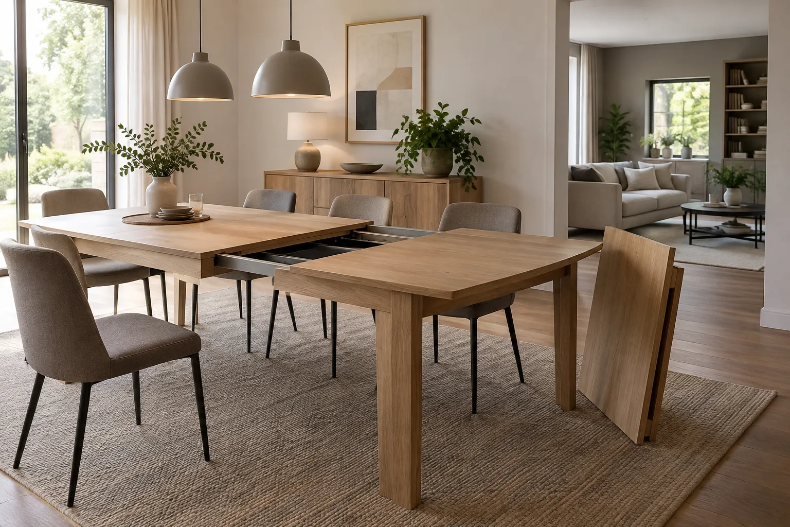Une table de salle à manger partiellement ouverte avec une rallonge posée à côté et des chaises repoussées.