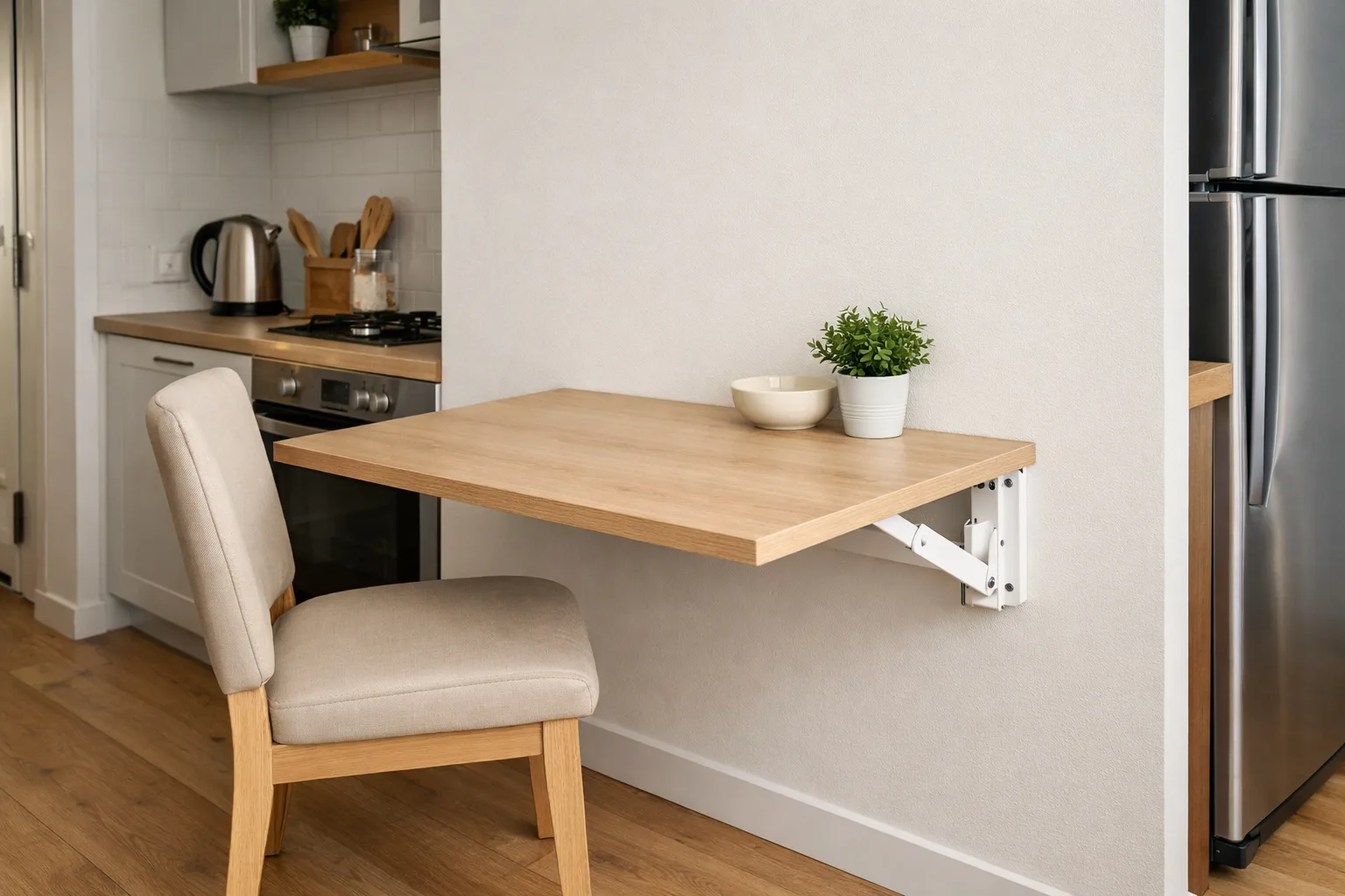 Table rabattable fixée au mur d’une petite cuisine, ouverte devant une chaise avec un passage libre sur le côté.
