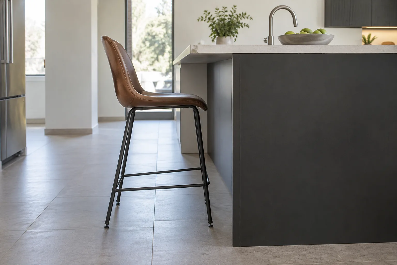 Tabouret de bar à repose-pieds placé devant un comptoir de cuisine, avec l’espace sous le plateau bien visible.
