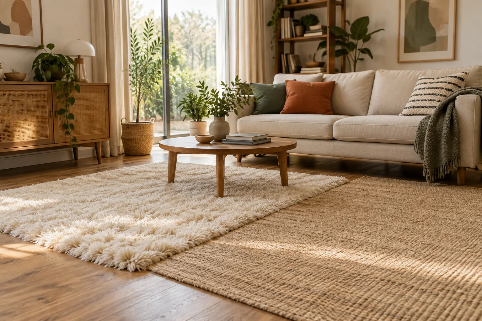 Un canapé clair fait face à deux tapis de salon, l’un à longues fibres écrues et l’autre à poils ras dans un ton terre.