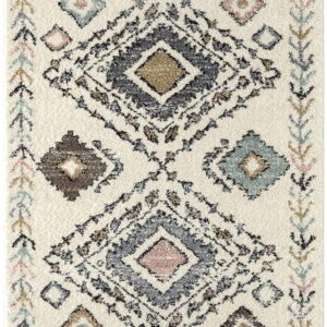 Tapis Delya Nazar crème à motifs géométriques, poil long et franges