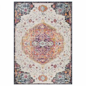 Tapis vintage oriental LYN3 MED rectangulaire aux motifs rouges, beiges et bleus