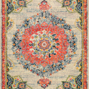 Tapis salon Nazar beige à motif vintage et poils courts, format rectangulaire