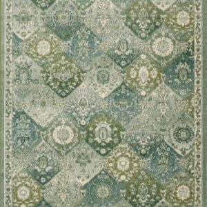 Tapis vintage Nazar vert à poils courts, format rectangulaire pour le salon