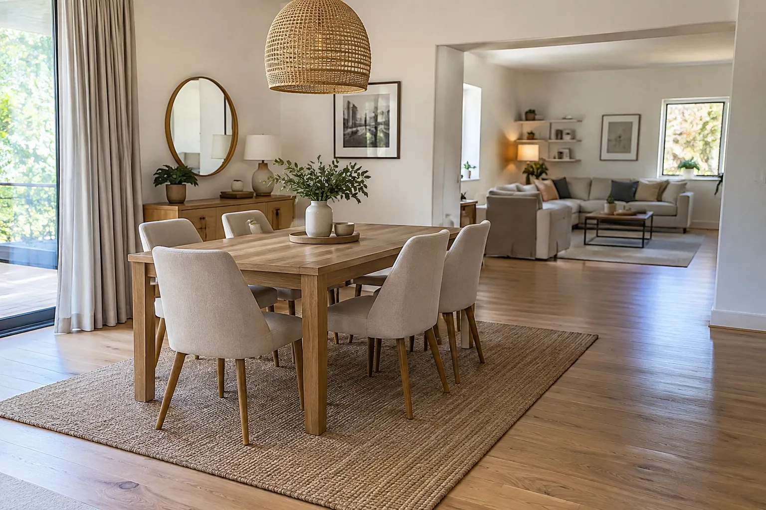 Table à manger entourée de chaises sur un tapis assez large pour accueillir les assises lorsqu’elles sont reculées.