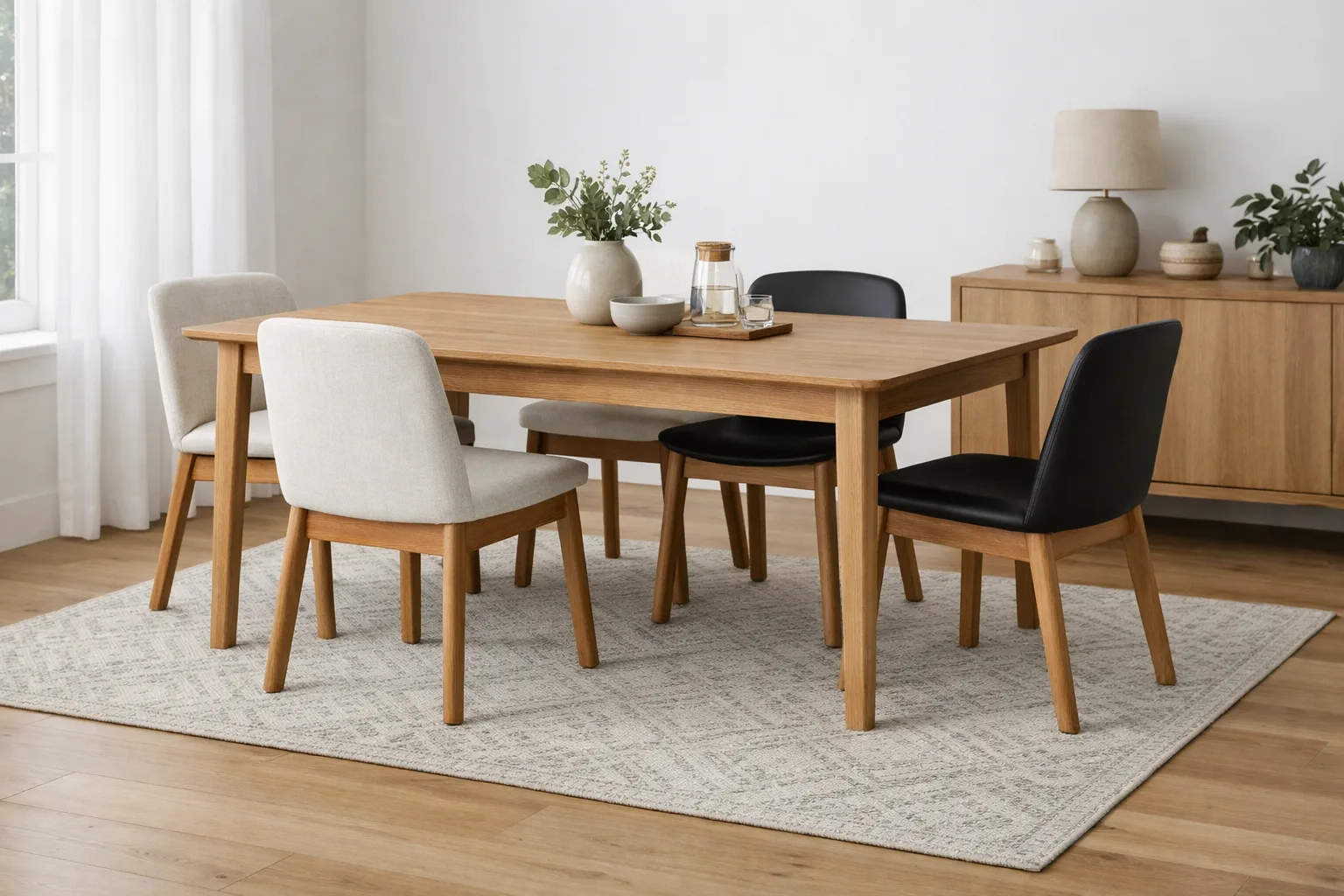 Table en bois entourée de quatre chaises, installée sur un tapis à motif discret dans une pièce lumineuse.