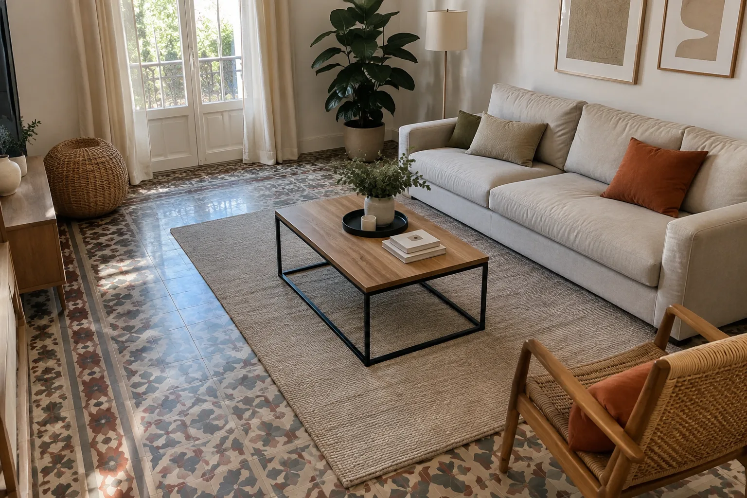 Un tapis uni placé sous une table basse sur un sol à motifs géométriques.