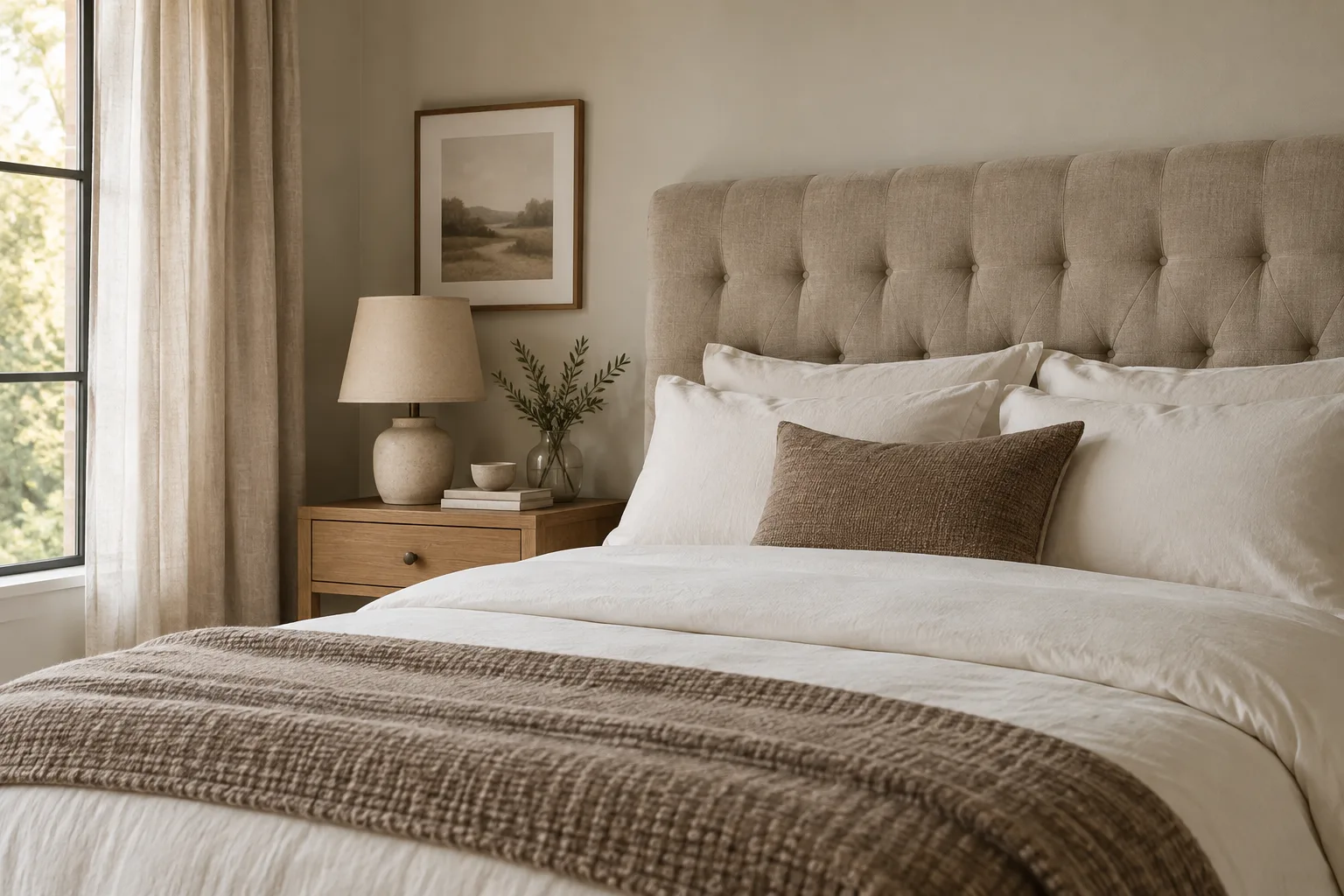 Tête de lit en tissu beige derrière un lit aux draps clairs, près d’une table de chevet en bois.
