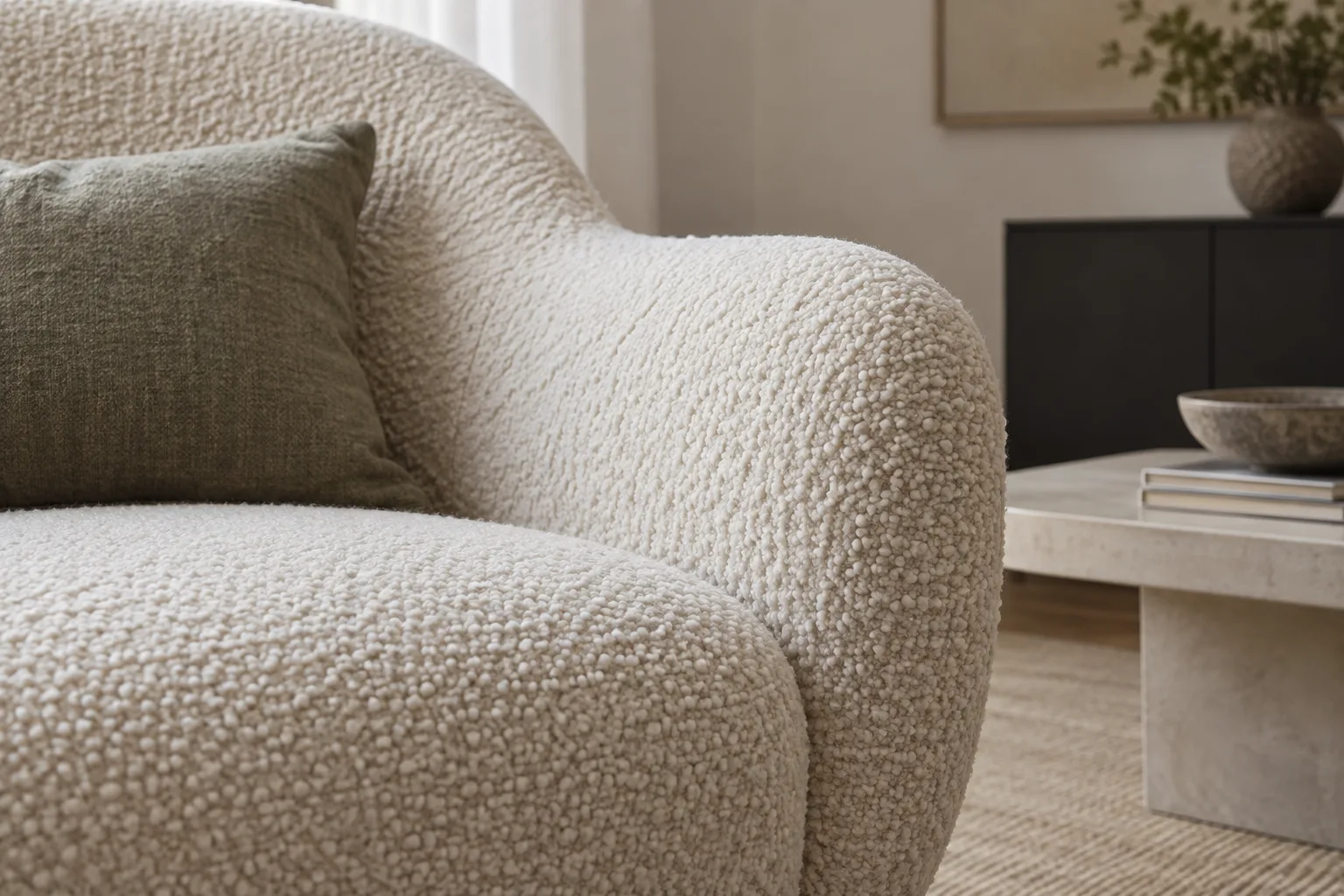 Détail des boucles irrégulières du tissu couvrant l’assise et le dossier d’un fauteuil.