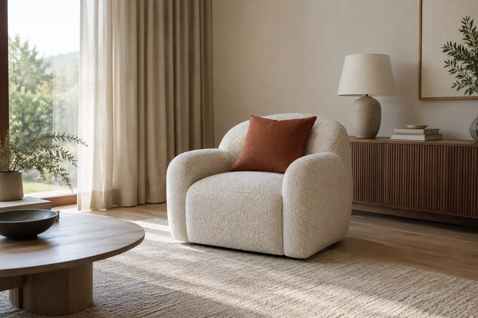 Fauteuil bouclé accompagné d’un tapis discret, de rideaux unis et d’un coussin contrastant.