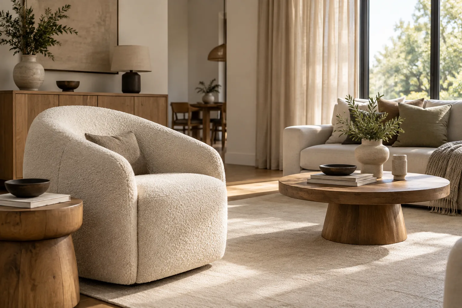 Fauteuil écru en tissu bouclé près d’un tapis uni et de rideaux clairs dans un salon lumineux.
