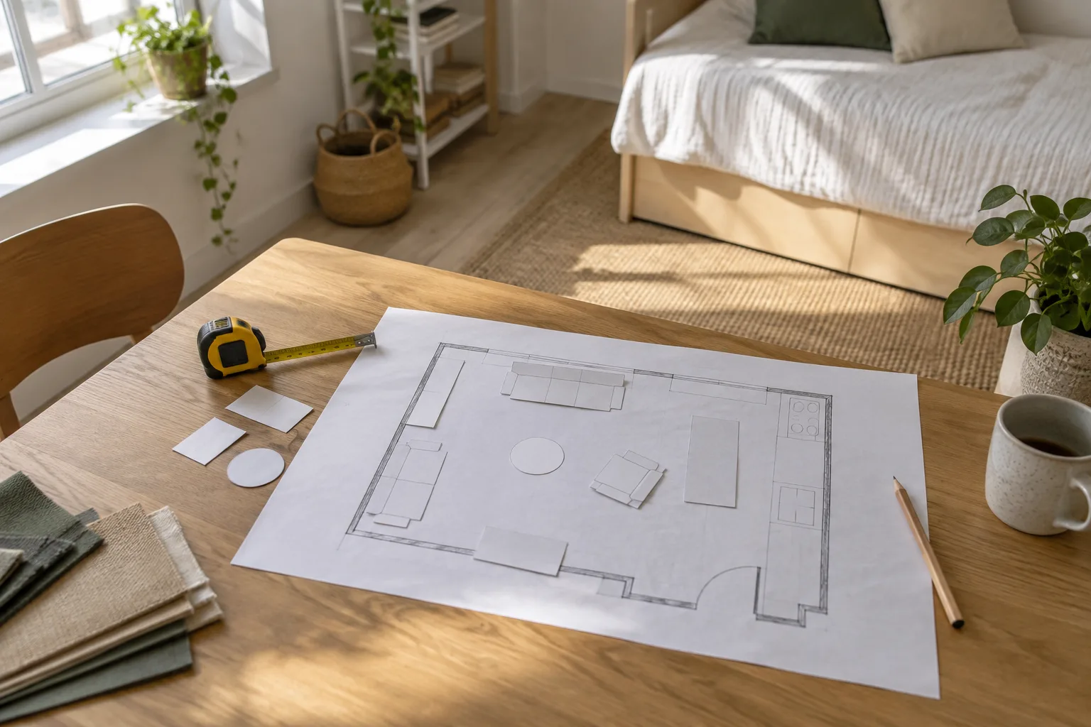 Plan de pièce dessiné à la main avec des gabarits en papier, un mètre ruban et un crayon posés sur une table.