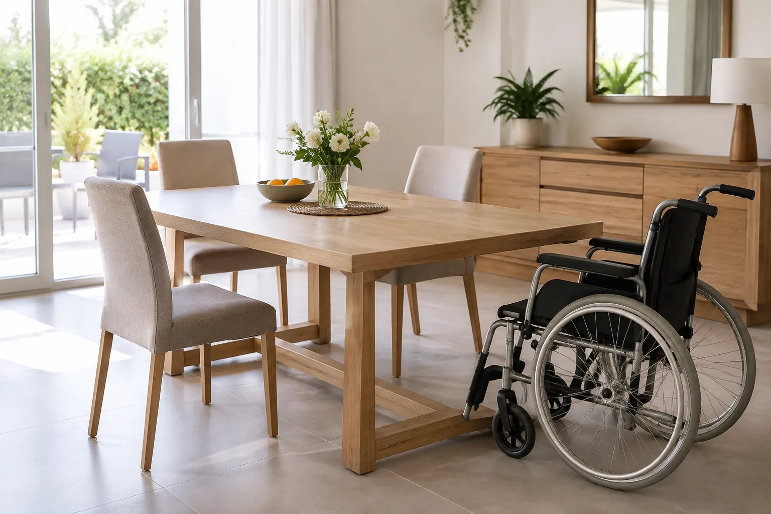 Un fauteuil roulant approché d’une table de salle à manger dont le dessous et le passage autour sont dégagés.