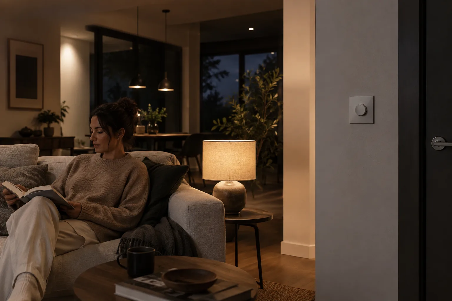 Dans un séjour en soirée, une personne lit près d’une lampe à lumière douce tandis qu’un variateur est visible sur le mur.