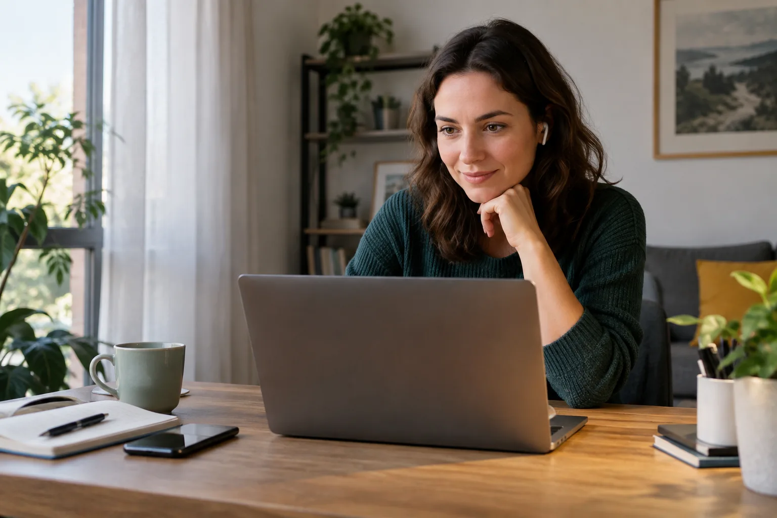 Une personne assise devant un ordinateur portable, éclairée de côté par une fenêtre et une lampe de bureau.