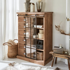 Commode Finegand LOBERON en bois recyclé avec tiroirs et porte vitrée