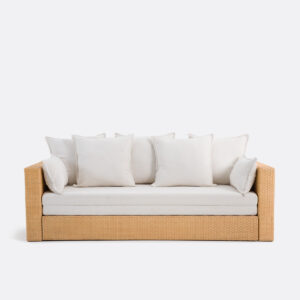 Canapé convertible Aprila beige ouvert avec coussins et couchage déployé