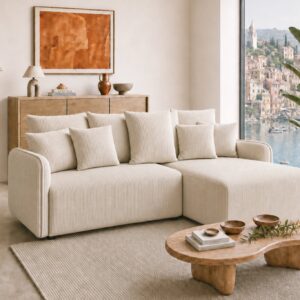 Canapé d'angle Portofino beige en velours côtelé avec méridienne