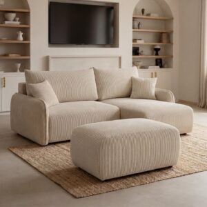 Canapé Casanova Sacha Angle beige en velours côtelé avec méridienne et pouf