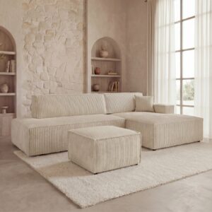 Canapé d'angle Duo Laria beige avec méridienne, couchage et pouf